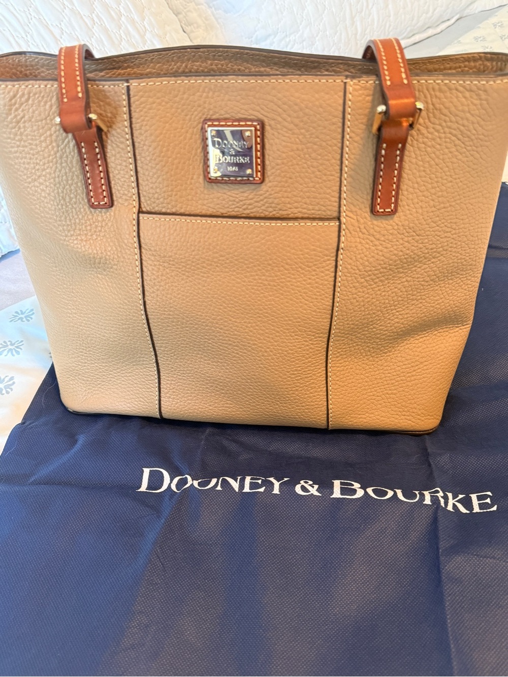 Dooney & Bourke Tan Pebbled Leather Tote with Brown Trim - Picture 1 of 4